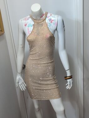 Banjul Nude Beaded Halter Mini Dress